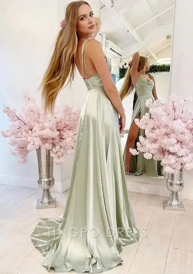 TingPo Wholesale Elegant A-line Sleeveless Cowl Neck Long/Floor-Length Charmeuse Prom Dress With Pleated Split